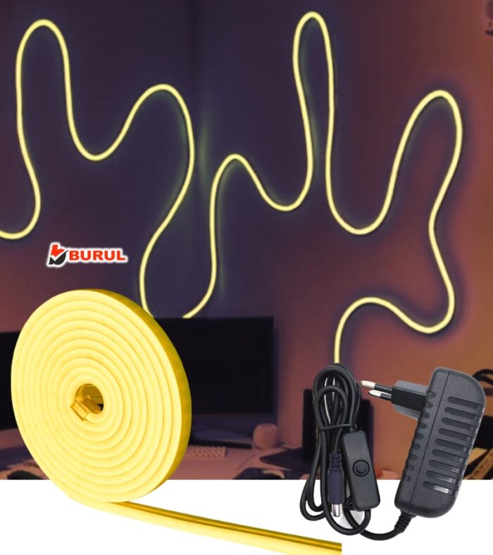 SB-6503 5 Metre Sarı Işık Metre Esnek Neon Led Şerit Işık Butonlu Dekoratif Aydınlatma Seti