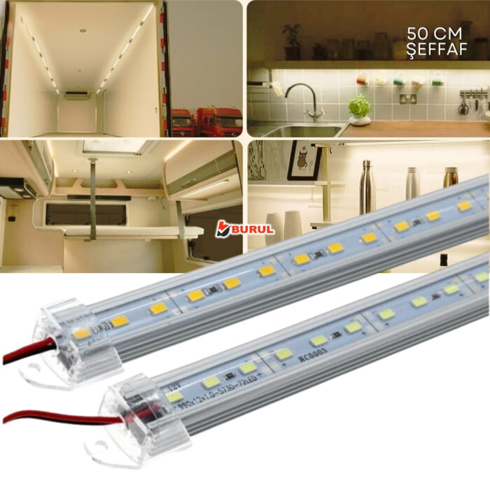 SB-6516 2 Adet Alüminyum Kasalı 5630 Bar Led 12 Volt Gün Işığı 50 Cm Şeffaf Karavan Tekne Otomobil