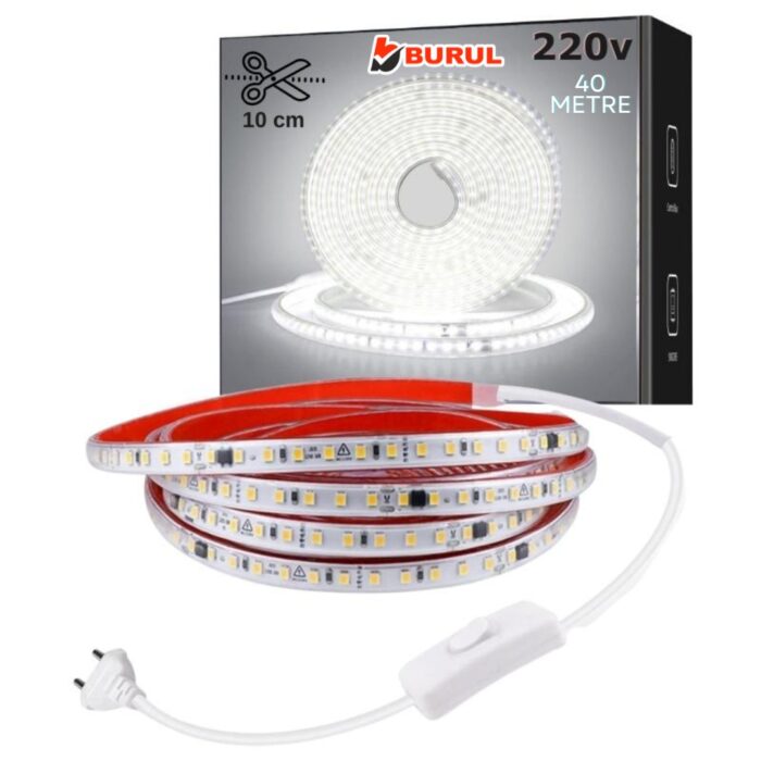 Sb-6508 40 Metre Beyaz Işık Yapışkanlı Yüksek Lümen Silikonlu Şerit Led Işık Fişli Aydınlatma