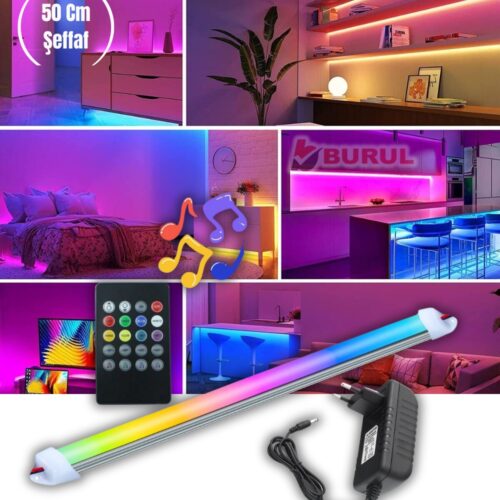 SB-6541 50 cm Şeffaf 8 Renk Kumandalı Sese Duyarlı Renk Değiştiren RGB Çubuk Şerit Led Işık