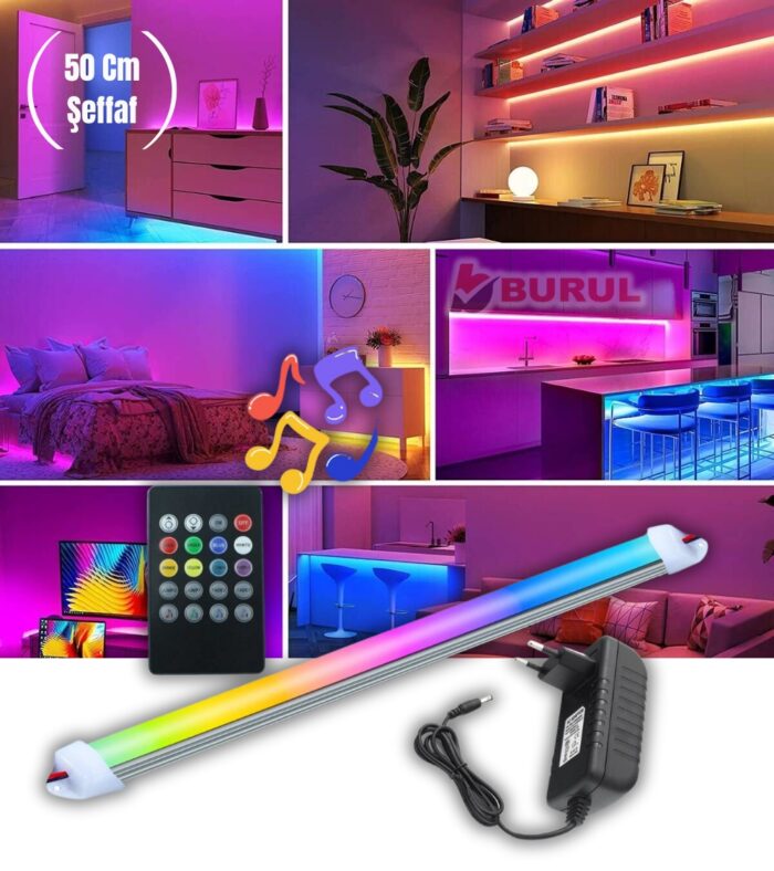 SB-6541 50 cm Şeffaf 8 Renk Kumandalı Sese Duyarlı Renk Değiştiren RGB Çubuk Şerit Led Işık