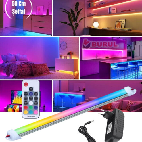 SB-6542 50 Cm Şeffaf 20 Renk RF Kumandalı RGB Çubuk Şerit Led Renk Değiştiren Led Işık