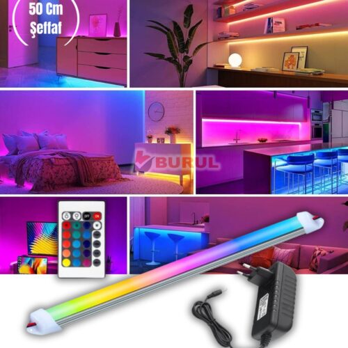 SB-6540 50 Cm Şeffaf RGB 16 Renk Kumandalı Çubuk Şerit Led Renk Değiştiren Led Işık